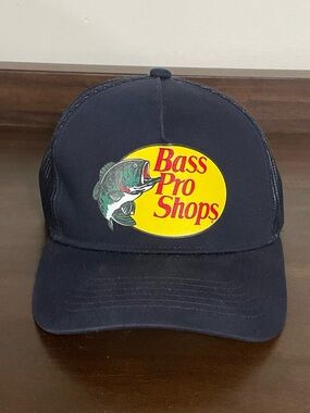 Bass Pro Shops Navy Trucker Hat with Yellow Logo and Green Fish